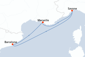 Carte itinéraire croisière France, Italie, Espagne - 4 jours au départ de Marseille - Méditerranée