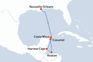 Carte de l'itinéraire de croisière Nouvelle-Orleans-Nouvelle-Orleans d'une durée de 7 jours