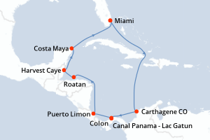 Carte de l'itinéraire de croisière Miami-Miami d'une durée de 11 jours