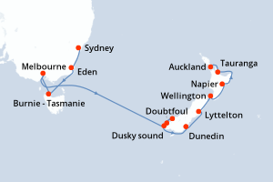 Carte itinéraire croisière Australie, Nouvelle-Zélande - 12 jours au départ de Sydney - Australie Nouvelle Zélande