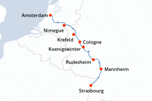 Carte de l'itinéraire de croisière Amsterdam-Strasbourg d'une durée de 5 jours