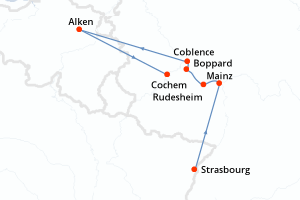 Carte de l'itinéraire de croisière Strasbourg-Cochem d'une durée de 4 jours