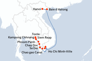Carte de l'itinéraire de croisière Hanoï-Siem Reap d'une durée de 13 jours