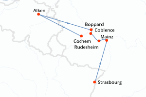 Carte de l'itinéraire de croisière Cochem-Strasbourg d'une durée de 4 jours