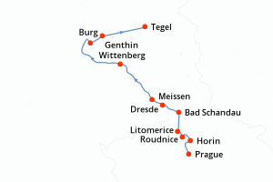 Carte de l'itinéraire de croisière Prague-Tegel d'une durée de 8 jours