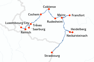 Carte de l'itinéraire de croisière Strasbourg-Remich d'une durée de 8 jours