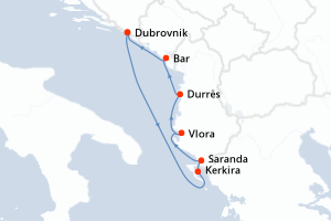 Carte de l'itinéraire de croisière Dubrovnik-Dubrovnik d'une durée de 7 jours