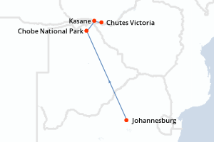 Carte de l'itinéraire de croisière Johannesburg-Chutes Victoria d'une durée de 8 jours