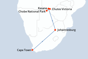 Carte de l'itinéraire de croisière Cape Town-Chutes Victoria d'une durée de 12 jours