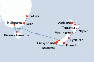 Carte itinéraire croisière Australie, Nouvelle-Zélande - 12 jours au départ de Auckland - Australie Nouvelle Zélande