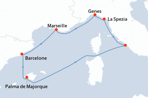 Carte itinéraire croisière Italie, Espagne, France - 7 jours au départ de Genes - Méditerranée