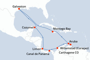 Carte de l'itinéraire de croisière Galveston-Galveston d'une durée de 14 jours