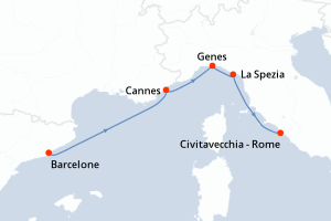 Carte itinéraire croisière Espagne, France, Italie - 4 jours au départ de Barcelone - Méditerranée