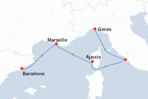 Carte itinéraire croisière Italie, France, Espagne - 4 jours au départ de Genes - Méditerranée