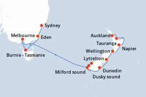 Carte de l'itinéraire de croisière Auckland-Sydney d'une durée de 12 jours