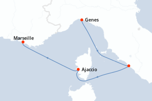 Carte itinéraire croisière Italie, France - 3 jours au départ de Genes - Méditerranée