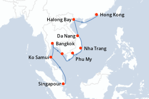 Carte itinéraire croisière Cambodge, Chine, Singapour, Vietnam, Thaïlande - 14 jours au départ de Singapour - Asie