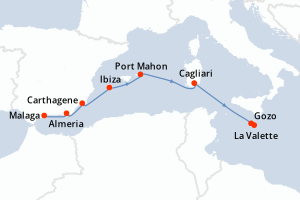carte itinéraire croisière Sardaigne 9 jours au départ du port de Malaga