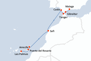 Carte de l'itinéraire de croisière Malaga-Las Palmas d'une durée de 9 jours