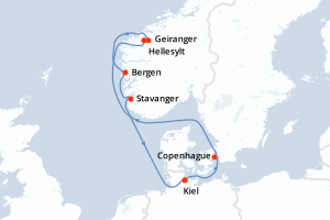 carte itinéraire croisière Fjörds norvégiens 7 jours au départ du port de Kiel