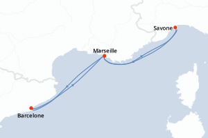 Carte itinéraire croisière Espagne, France, Italie - 4 jours au départ de Barcelone - Méditerranée