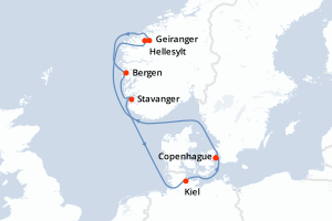 carte itinéraire croisière Fjörds norvégiens 7 jours au départ du port de Copenhague