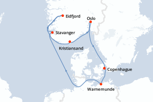 carte itinéraire croisière Fjörds norvégiens 7 jours au départ du port de Copenhague