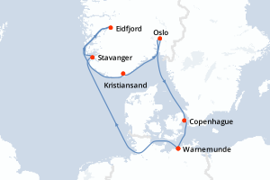 carte itinéraire croisière Fjörds norvégiens 7 jours au départ du port de Warnemunde