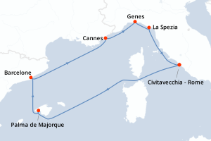 carte itinéraire croisière Méditerranée 7 jours au départ du port de Civitavecchia - Rome