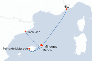 Carte de l'itinéraire de croisière Barcelone-Nice d'une durée de 6 jours