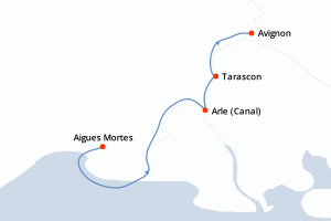 Carte de l'itinéraire de croisière Aigues Mortes-Avignon d'une durée de 4 jours