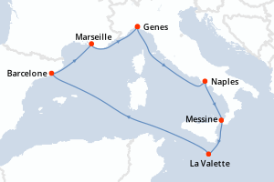 Carte de l'itinéraire de croisière Genes-Genes d'une durée de 7 jours