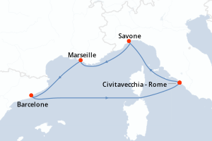 Carte de l'itinéraire de croisière Civitavecchia - Rome-Navigation d'une durée de 5 jours