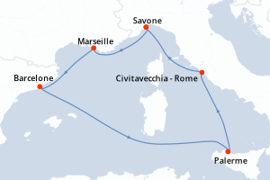 Carte itinéraire croisière Italie, France, Espagne - 6 jours au départ de Savone - Méditerranée