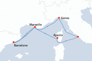 Carte de l'itinéraire de croisière Barcelone-Barcelone d'une durée de 6 jours