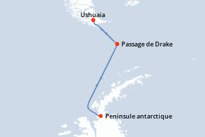 Carte de l'itinéraire de croisière Ushuaia-Ushuaia d'une durée de 10 jours