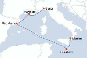 Carte itinéraire croisière Italie, Malte, Espagne, France - 5 jours au départ de Messine - Méditerranée