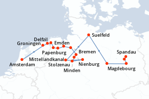 Carte de l'itinéraire de croisière Amsterdam-Spandau d'une durée de 11 jours