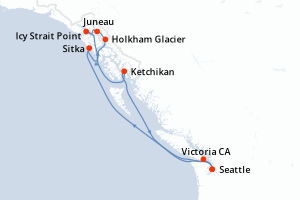 carte itinéraire croisière Alaska 7 jours au départ du port de Seattle
