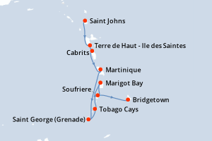 Carte de l'itinéraire de croisière Saint Johns-Bridgetown d'une durée de 7 jours