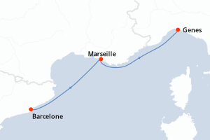 Carte itinéraire croisière Italie, Espagne, France - 2 jours au départ de Barcelone - Méditerranée
