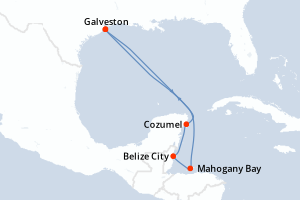 carte itinéraire croisière Caraïbes Mexique 7 jours au départ du port de Galveston