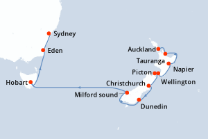 Carte itinéraire croisière Nouvelle-Zélande, Australie - 15 jours au départ de Auckland - Australie Nouvelle Zélande