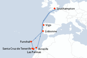 carte itinéraire croisière Europe du Nord 12 jours au départ du port de Southampton