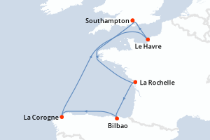 Carte de l'itinéraire de croisière Southampton-Southampton d'une durée de 7 jours
