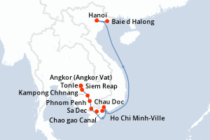 Carte de l'itinéraire de croisière Hanoï-Siem Reap d'une durée de 13 jours