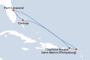 carte itinéraire croisière Caraïbes Bahamas 7 jours au départ du port de Port Canaveral
