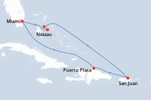 carte itinéraire croisière Caraïbes Bahamas 7 jours au départ du port de Miami