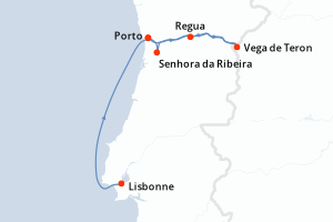Carte de l'itinéraire de croisière Lisbonne-Porto d'une durée de 7 jours