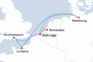 Carte itinéraire croisière Pays-Bas, Belgique, France, Royaume-Uni, Allemagne - 8 jours au départ de Rotterdam - Europe du Nord